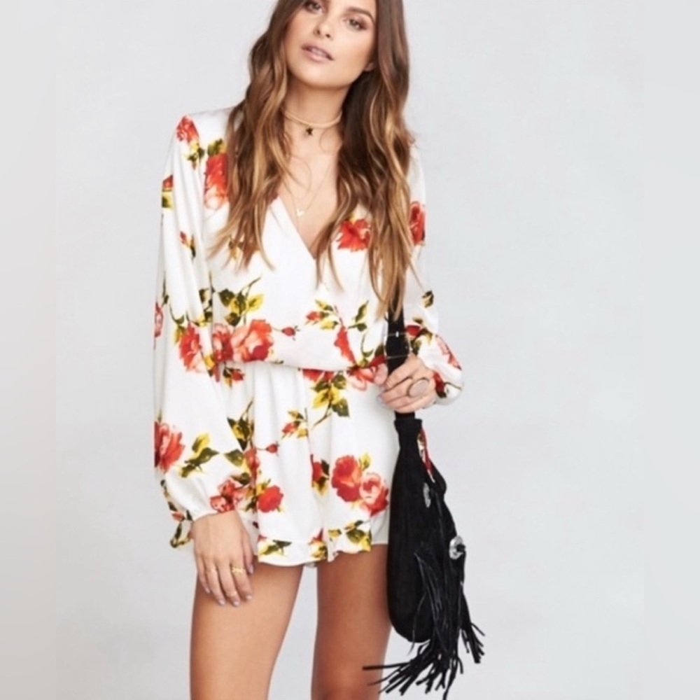 Show Me Your Mumu Floral Romper Small White Red Rose Long Sleeve